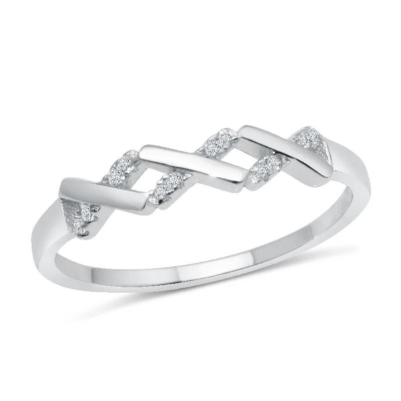 Simple Wedding Bands-Rhodium Plated 925 Sterling Silver ZigZag Pattern Ring with CZ - BGR01192