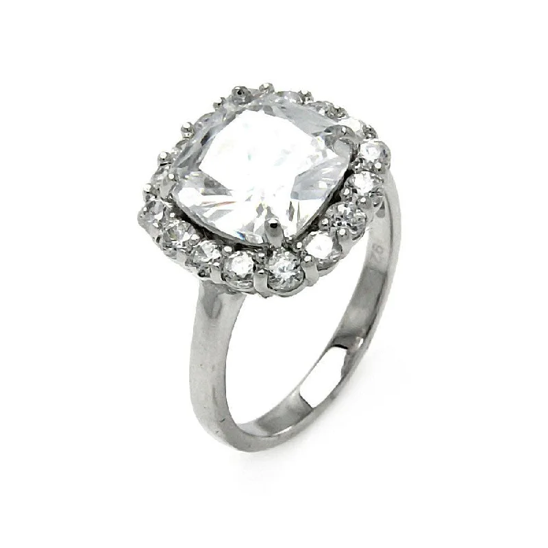 Gold Ring Sets-Silver 925 Rhodium Plated Clear Center and Cluster CZ Ring - STR00381