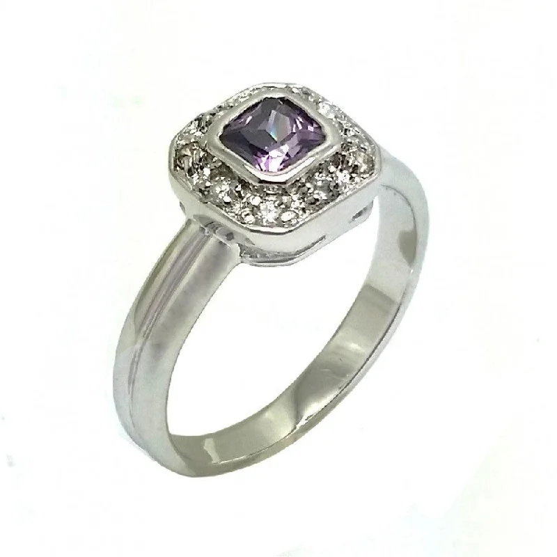 Affordable Engagement Rings-Silver 925 Rhodium Plated Purple Center Clear Cluster CZ Bridal Engagement Ring - BGR00861