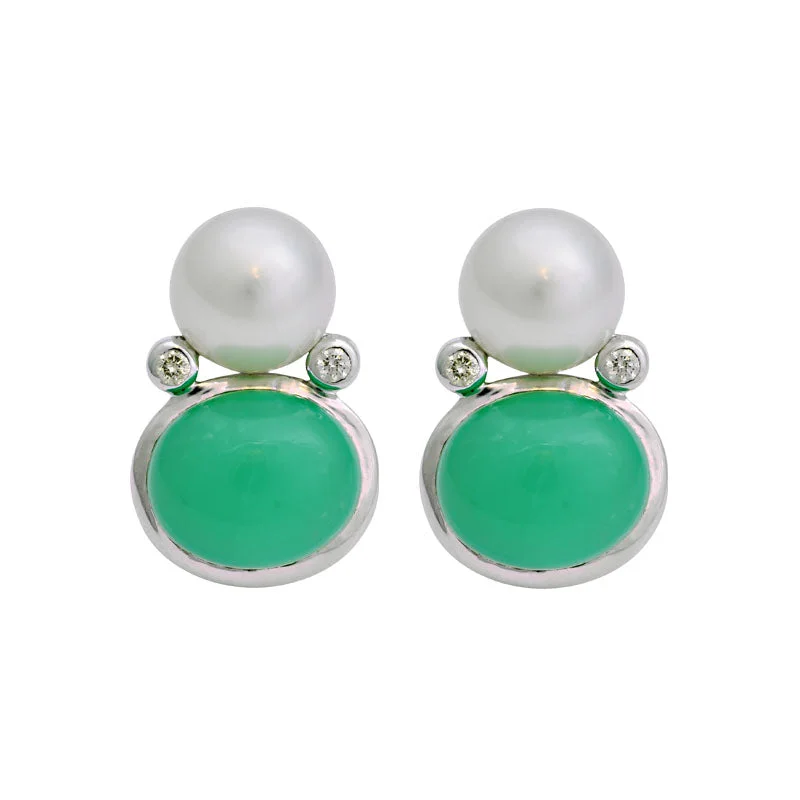 Artistic Hoop Earrings-Earrings-Chrysoprase, South Sea Pearl and Diamond