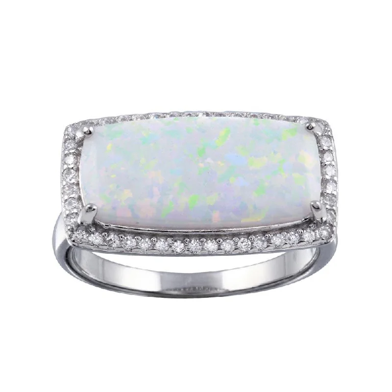 Gold Ring Sets-Rhodium Plated 925 Sterling Silver Rectangular Opal Stone Ring with CZ - BGR01286