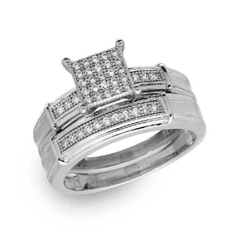 Modern Diamond Rings-Silver 925 Rhodium Plated CZ Pave Square Center Ring - GMR00166