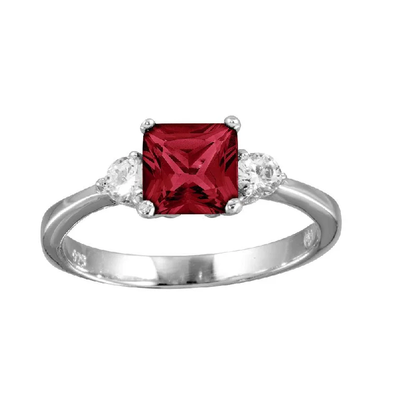 Simple Engagement Rings-Rhodium Plated 925 Sterling Silver Red CZ Center Stone Ring - BGR01138RED