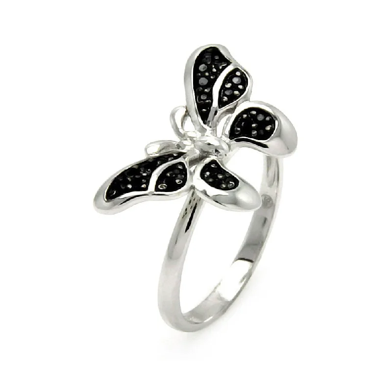 Handcrafted Gold Rings-925 Sterling Silver Nickel Free Rhodium Plated Butterfly Black CZ Ring - STR00893