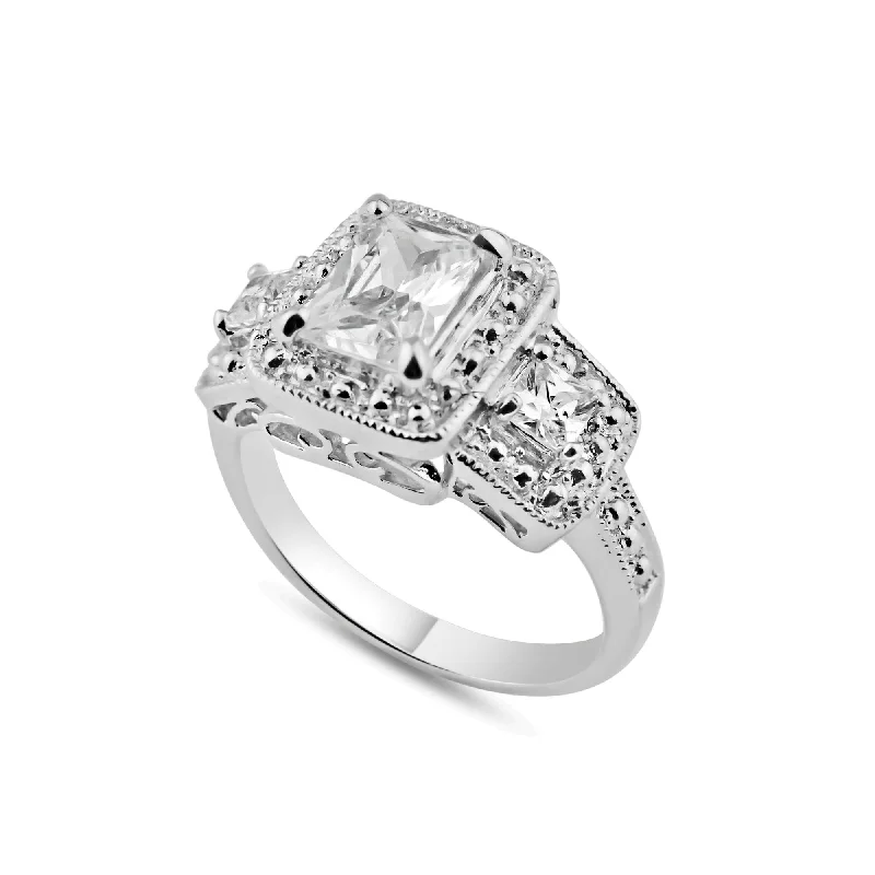 Bridal Engagement Ring Sets-Rhodium Plated 925 Sterling Silver 3 Set Square Clear CZ Bridal Ring - BGR00552