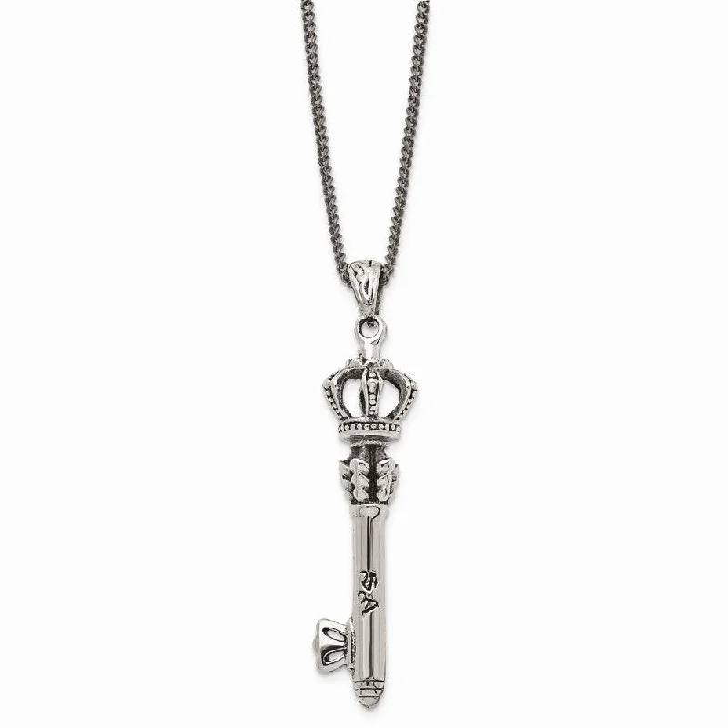 Trendy Personalized Necklaces-Stainless Steel Polished and Antiqued Crown Key Necklace