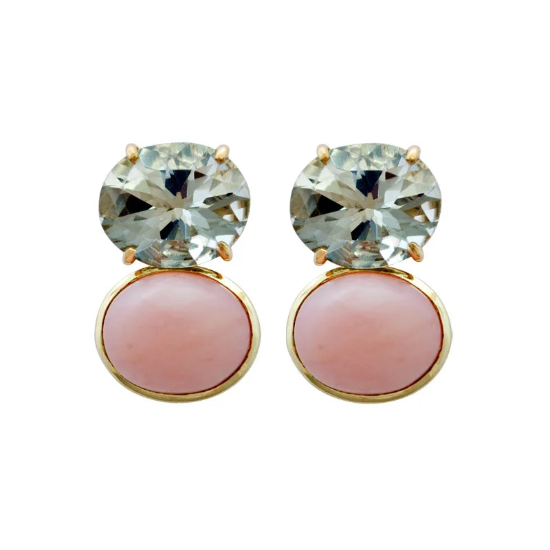 Pearls and Gold Earrings-Earrings-Pink Opal and Green Quartz