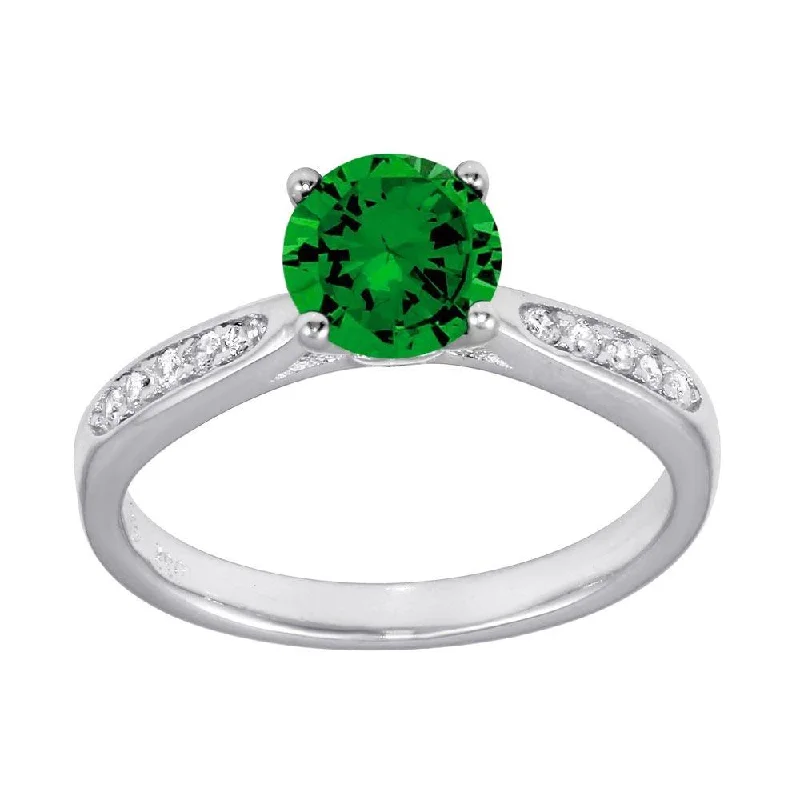 Designer Wedding Bands-Rhodium Plated 925 Sterling Silver Round Green CZ Center Stone Ring - BGR01231GRN