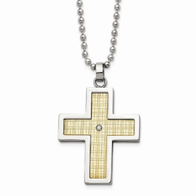 Beautiful Silver Necklace Chains-Stainless Steel w/18k Polished Textured Diamond Cross Necklace