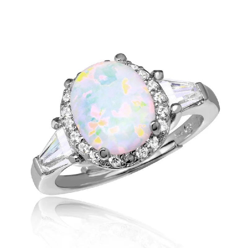 Bridal Engagement Rings-Silver 925 Rhodium Plated Halo Ring with Synthetic Oval Opal and CZ - BGR01042