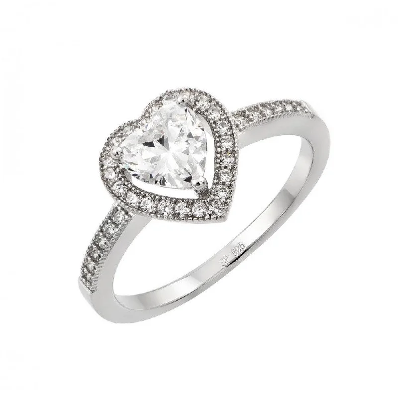 High-Quality Wedding Bands-Silver 925 Rhodium Plated Heart Clear CZ Ring - STR00937