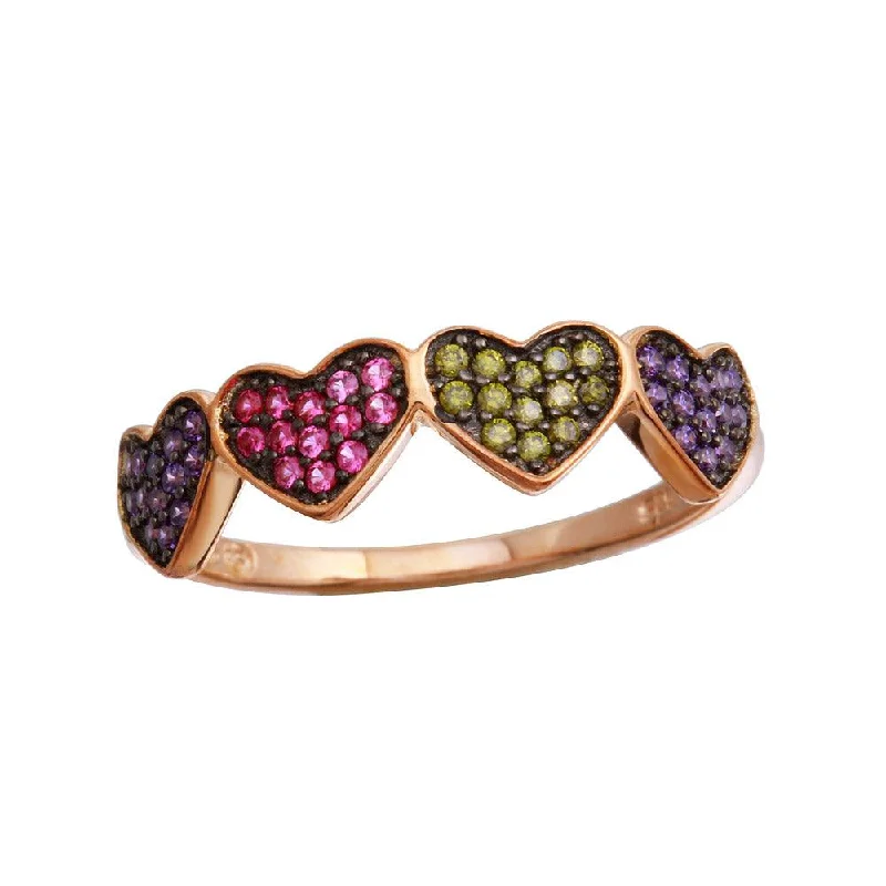 Stylish Gemstone Wedding Bands-Rose Gold Plated 925 Sterling Silver 4 Heart Ring with Multi-Colored CZ - BGR01236