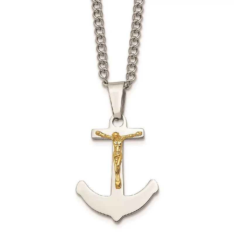 Adjustable Necklaces-Stainless Steel w/14k Gold Crucifix Anchor Necklace