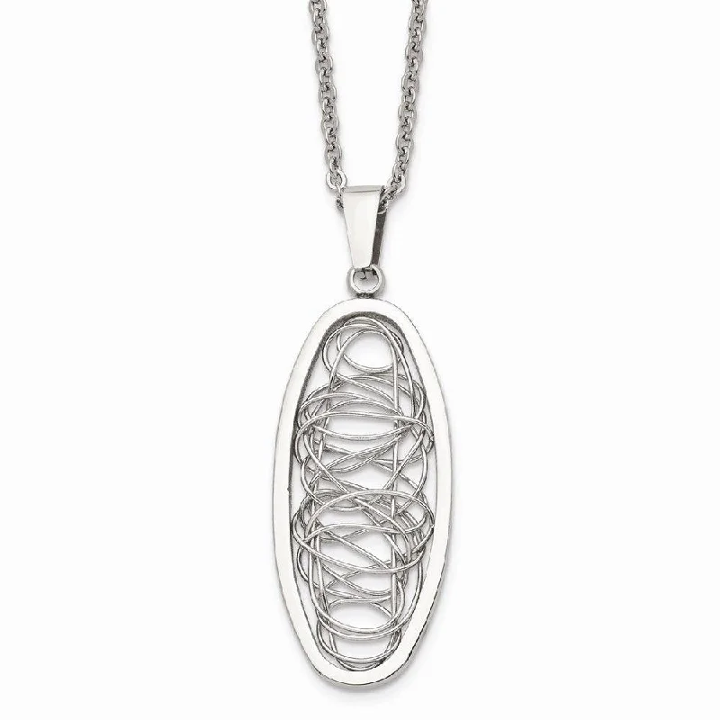 Designer Silver Necklaces-Stainless Steel Wire Designed Oval Pendant Necklace