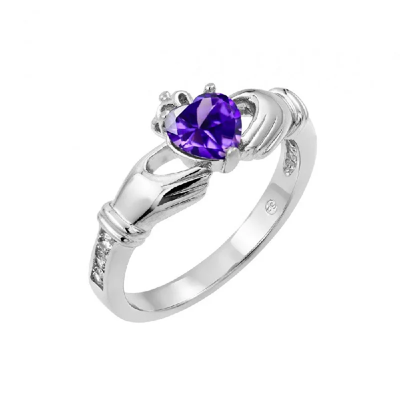 Unique Diamond Rings-Silver 925 Rhodium Plated Purple Heart CZ Claddagh Ring - BGR00491PUR