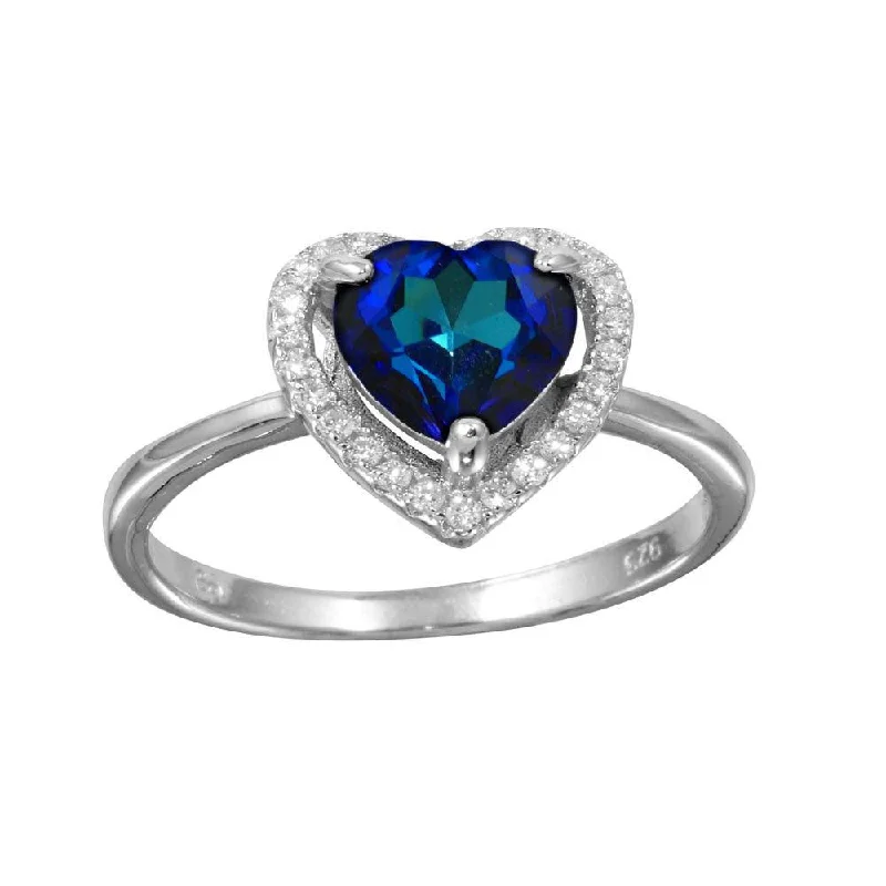 Custom Silver Engagement Rings-Rhodium Plated 925 Sterling Silver Blue Halo Heart Ring - BGR01139BLU