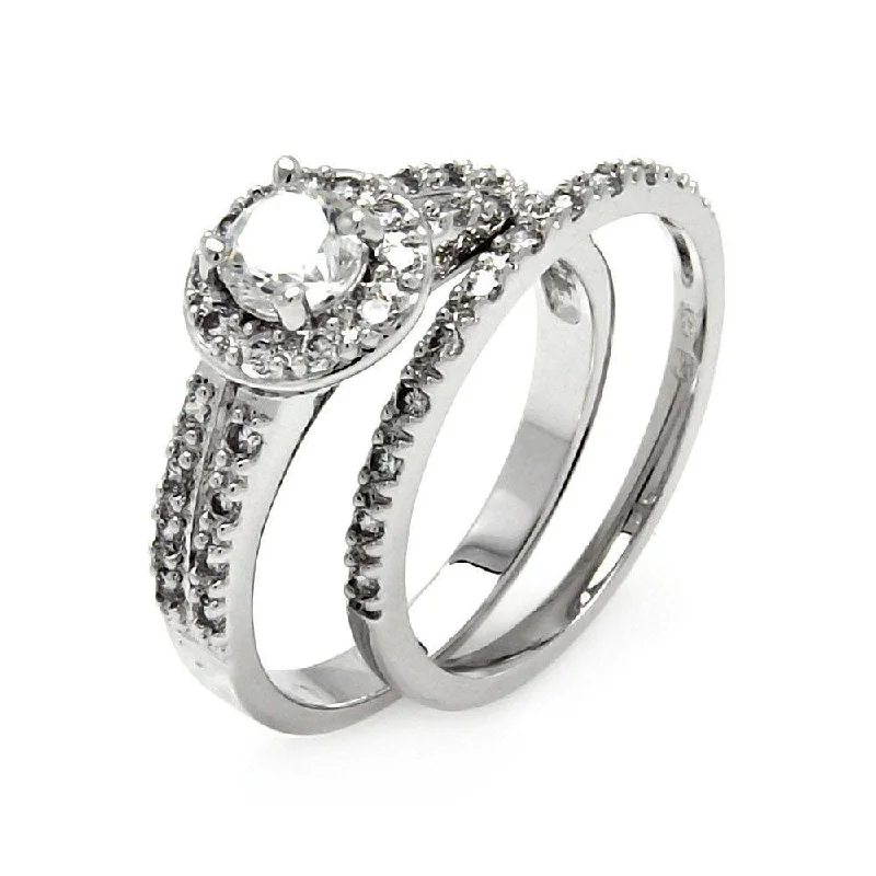 Elegant Diamond Wedding Bands-Silver 925 Rhodium Plated Clear Pave Set CZ Round Bridal Ring Set - BGR00460