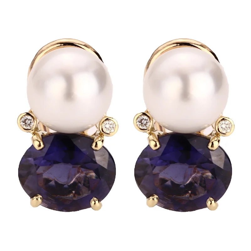 Trendy Wedding Earrings-Earrings - Iolite, South Sea Pearl And Diamond