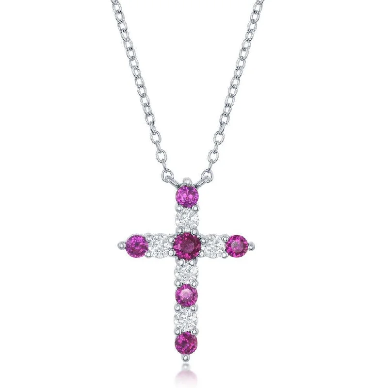 High-Quality Silver Necklaces-Sterling Silver Ruby CZ July Birthstone Cross Necklace