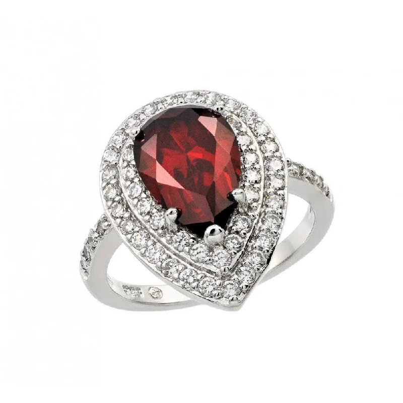 Elegant Silver Rings-Silver 925 Rhodium Plated Red Center and Clear Cluster CZ Teardrop Ring - BGR00887RED