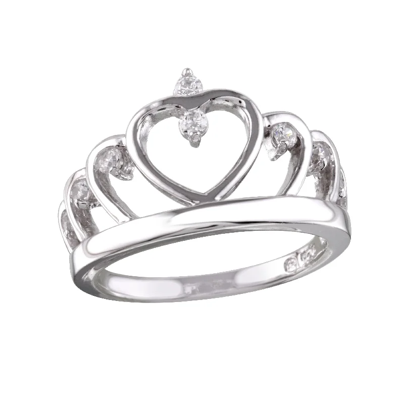 Modern Wedding Ring Sets-Rhodium Plated 925 Sterling Silver Heart Crown Ring with CZ - BGR01160