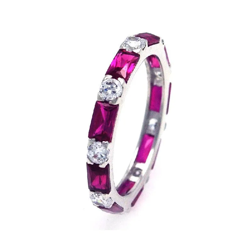 Luxury Wedding Rings for Women-Silver 925 Rhodium Plated Red Baguette Clear CZ Eternity Ring - STR00516RED