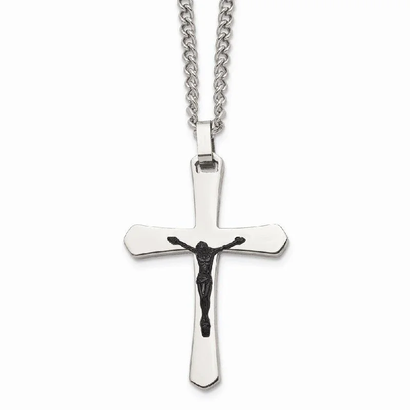 Classic Gold Necklaces-Stainless Steel Polished Cross w/Black IP Jesus Necklace