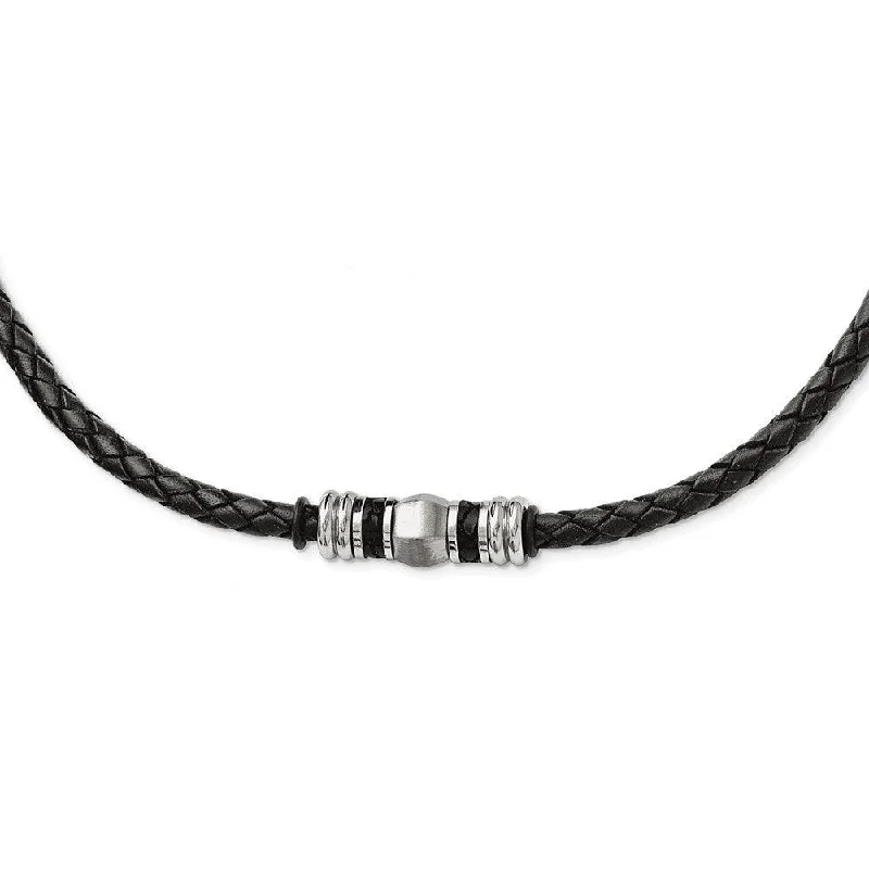 Beautiful Opal Necklaces-Stainless Steel Polished and Brushed Black Leather & Rubber Necklace