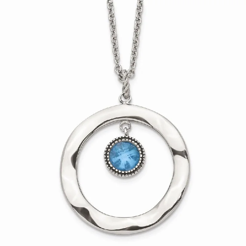 Classic Chain Necklaces-Stainless Steel Polished Blue Glass Circle w/ 2in ext. Necklace