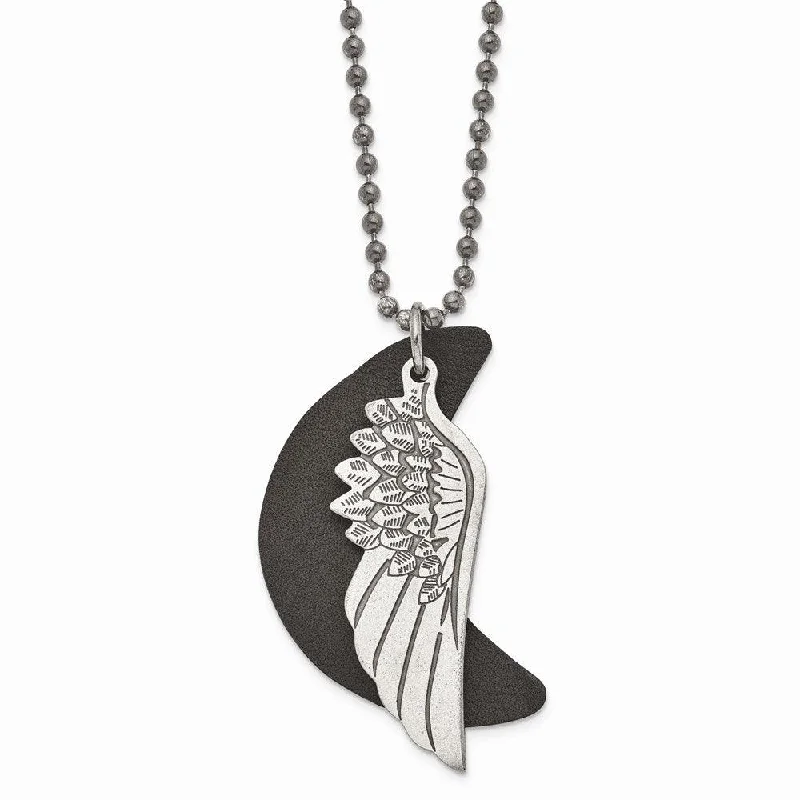 High-Quality Gold Necklaces-Stainless Steel Brushed Wing with Leather Moon Necklace