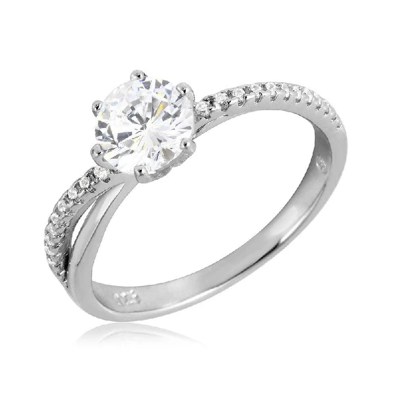 Adjustable Wedding Rings-Silver 925 Rhodium Plated Twisted CZ Shank Round Center Stone Ring - BGR01069