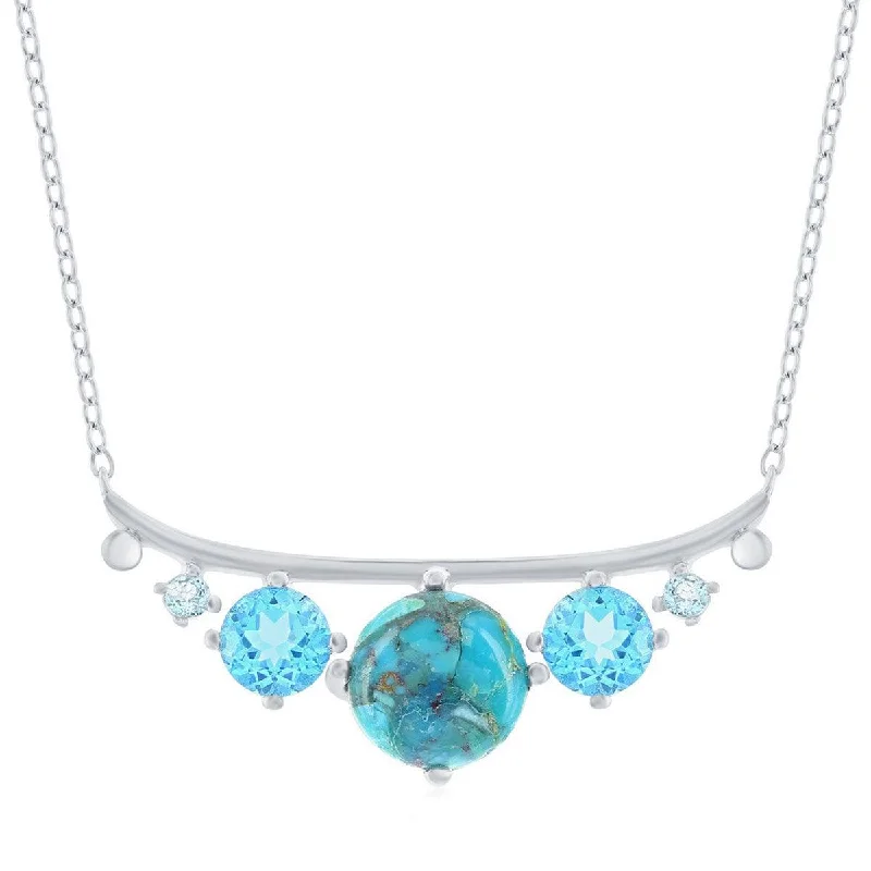 Simple Silver Necklaces-Classic Women's Necklace - Sterling Graduating Round Turquoise and Blue CZ | M-6848